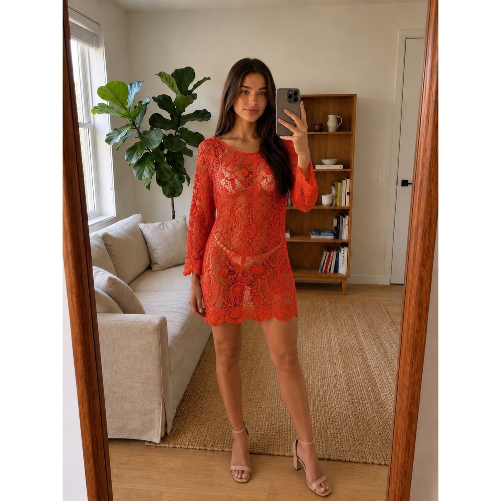 H&M Coachella Crochet Cover Up Dress‎ XS Orange Floral Sheer Boho Festival Beach